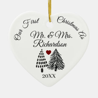 Custom Our First Christmas As Mr. & Mrs Heart Ceramic Tree Decoration