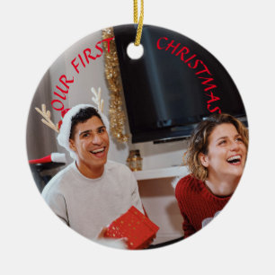 Custom Our First Christmas Couple Photo Two Sided Ceramic Tree Decoration