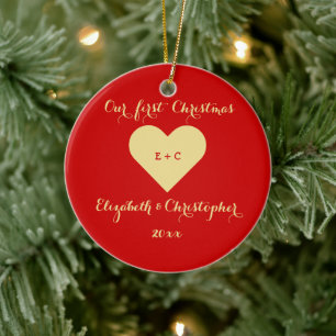 Custom Our First Christmas Mr Mrs Married Heart Ceramic Tree Decoration