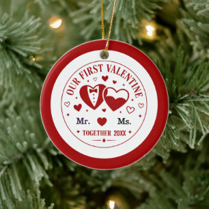 Custom Our First Valentine Romantic Red Hearts Ceramic Tree Decoration