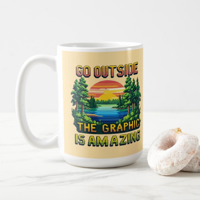 Custom Outdoor Nature Scene Pixel Art Graphic  Coffee Mug (With Donut)