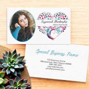 Custom Oval Photo Colourful Tree Heart Artwork  Business Card
