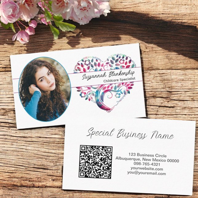 Custom Oval Photo Tree Heart Art & QR Code Business Card (Business card temple text front and back )