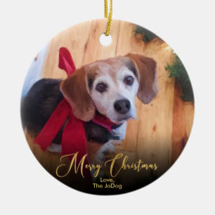 Custom Own Pet Photo Elegant Gold Script Christmas Ceramic Tree Decoration