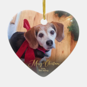 Custom Own Pet Photo Elegant Gold Script Christmas Ceramic Tree Decoration