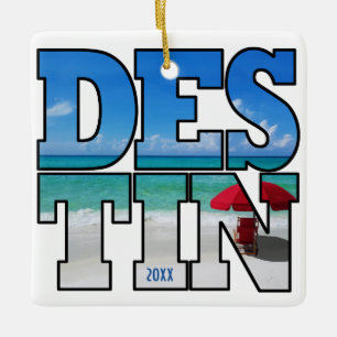 Custom Own Photo Destin Beach Umbrella Typography Ceramic Ornament
