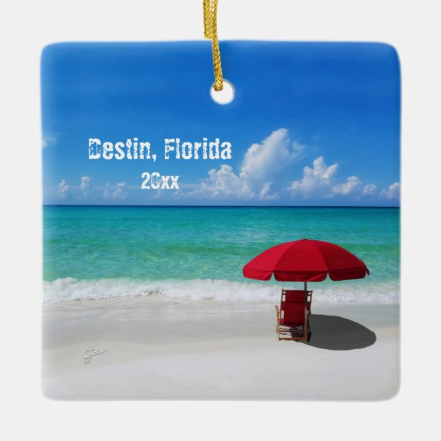 Custom Own Photo Destin Beach Umbrellas Ceramic Ornament (Front)