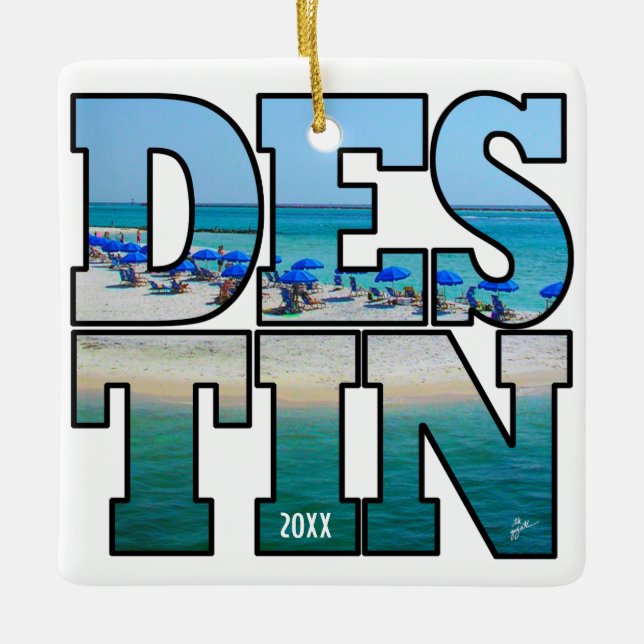 Custom Own Photo Destin Florida Modern Typography Ceramic Ornament (Front)