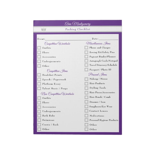 Custom Pageant Packing Checklist for Pageants Notepad (Rotated)