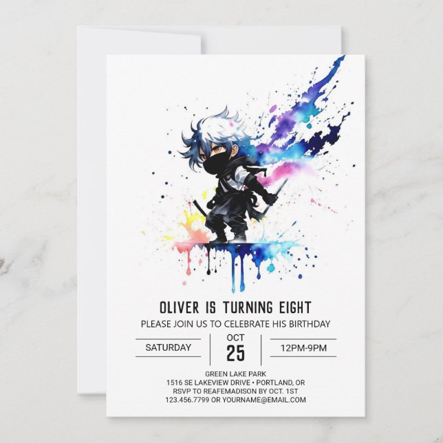 Custom Painted Ninja Boy Digital Birthday Invitation (Front)