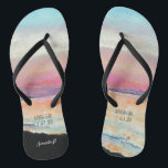 Custom Painted Pastel Beach Sunset | Flip Flops<br><div class="desc">Custom Painted Pastel Beach Sunset Wedding | Flip Flops. Want a unique guest gift for your beach destination wedding? Wear the beach on your feet with these unique flip flops with a painted beach sunset on them. Easy to customise with your personal information. You can change your names, date, location,...</div>