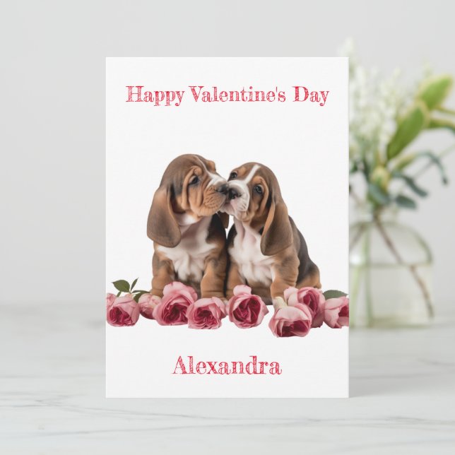 Custom Pair of Basset Hound Puppies Valentine Holiday Card (Standing Front)