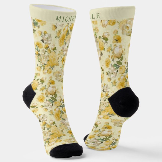 Custom Pale Light Yellow Floral Flowers Socks (Angled)