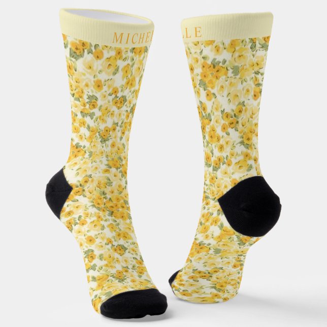 Custom Pale Yellow Floral Dark Yellow Flowers Socks (Angled)