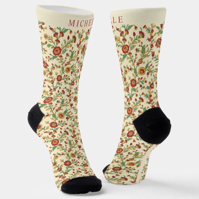Custom Pale Yellow Floral Red Orange Flowers Socks (Angled)