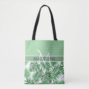 Custom Palm Leafs White Polka Dots Pattern Tote Bag
