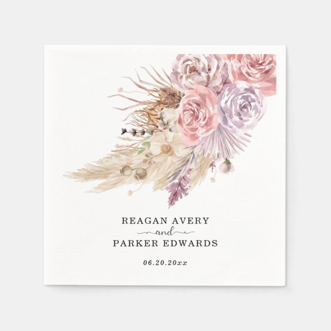 Custom Pampas Grass Floral Purple Wedding Napkin (Front)
