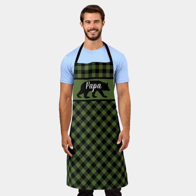 Custom Papa Mama Bear Green Black Buffalo Checks Apron (Worn)