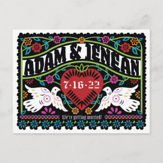 Custom Papel Picado Style Lovebirds Save the Date  Announcement Postcard