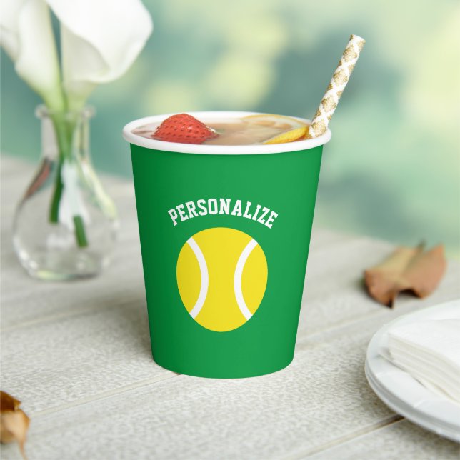 Custom paper cups with yellow tennis ball logo (Insitu)