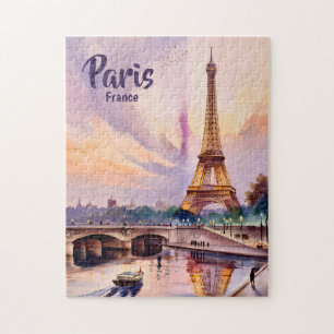 Custom Paris France Eiffel Tower Sunset Watercolor Jigsaw Puzzle