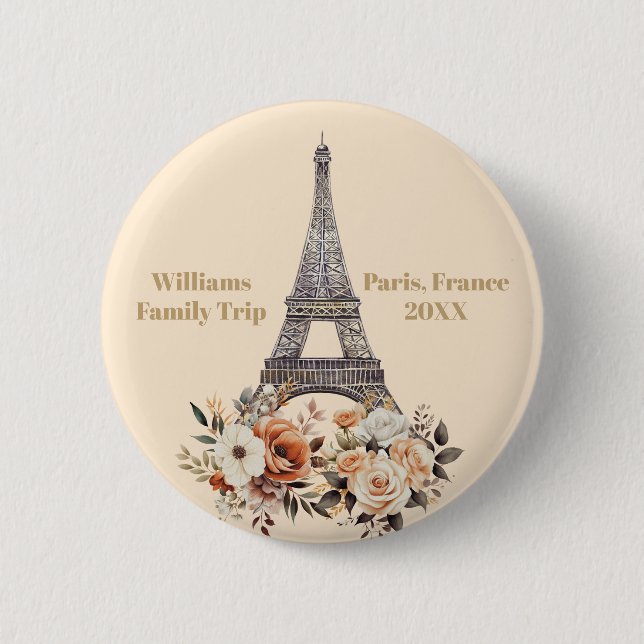 Custom Paris Trip Eiffel Tower Floral 6 Cm Round Badge (Front)