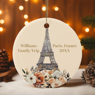 Custom Paris Trip Eiffel Tower Floral Christmas Ceramic Tree Decoration