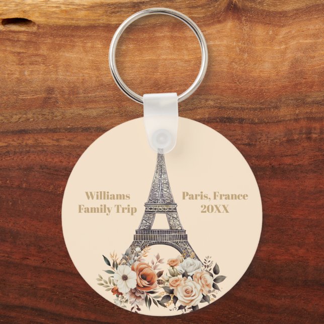 Custom Paris Trip Eiffel Tower Floral Key Ring (Front)