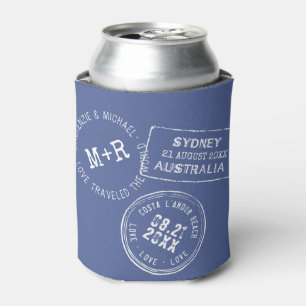 Custom Passport Destination Wedding Favour Blue Can Cooler