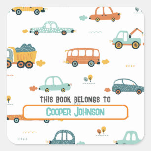 Custom pastel blue and orange car name bookplate square sticker