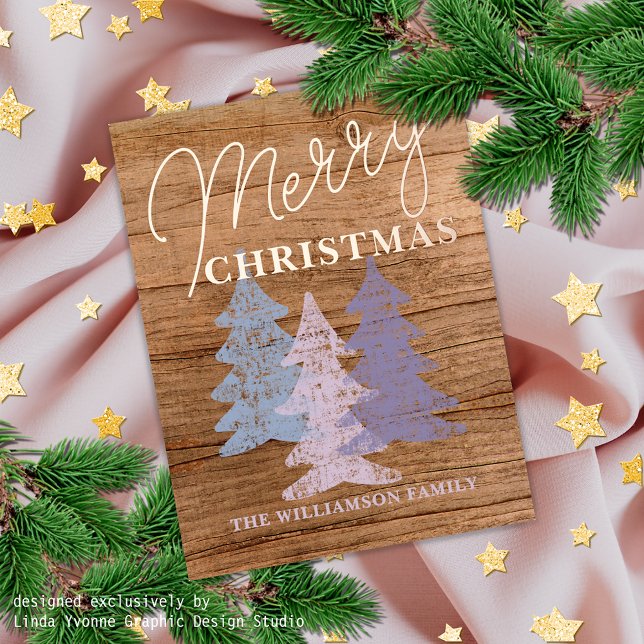 Custom Pastel Blue Blush Pink Violet Trees Gold Foil Holiday Postcard (Creator Uploaded)
