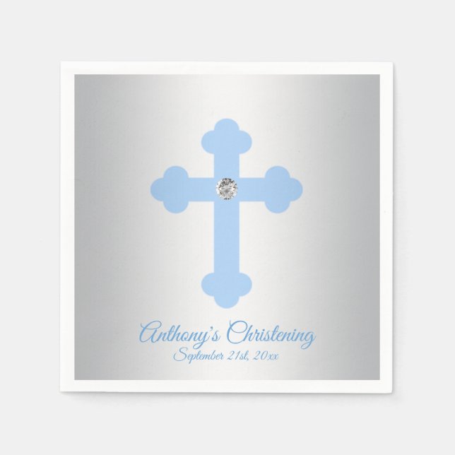 Custom Pastel Blue Boy Cross CHRISTENING BAPTISM Napkin (Front)