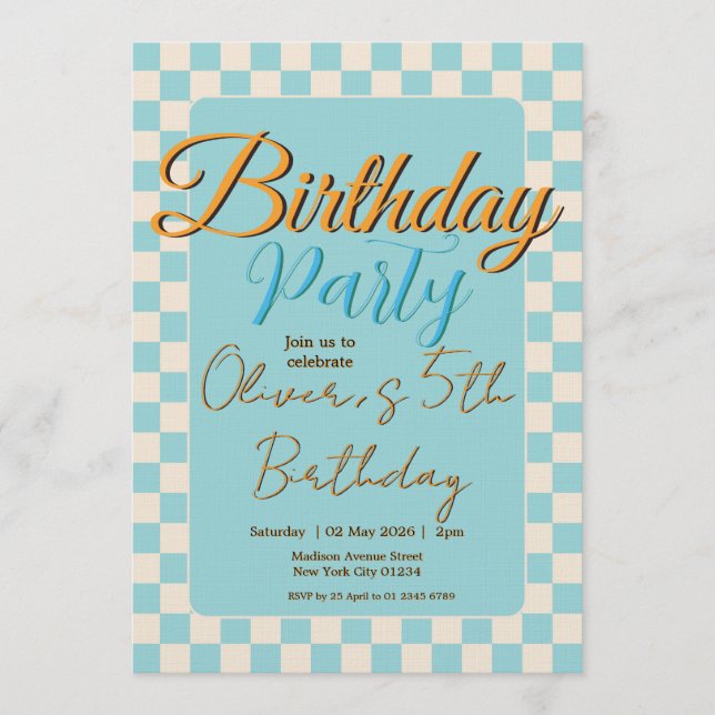 Custom Pastel Blue Checkered Birthday Party Invitation (Front)