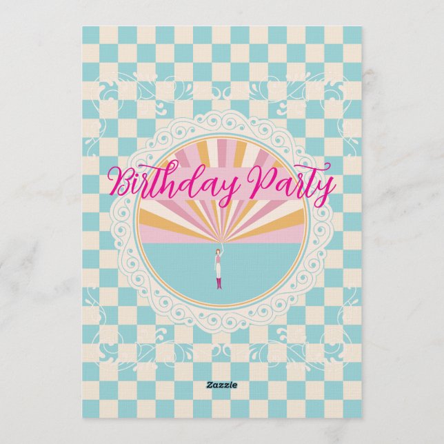 Custom Pastel Blue Checkered Birthday Party Invitation (Back)
