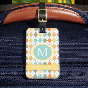 Custom Pastel Blue Green Yellow Red Argyle Pattern Luggage Tag