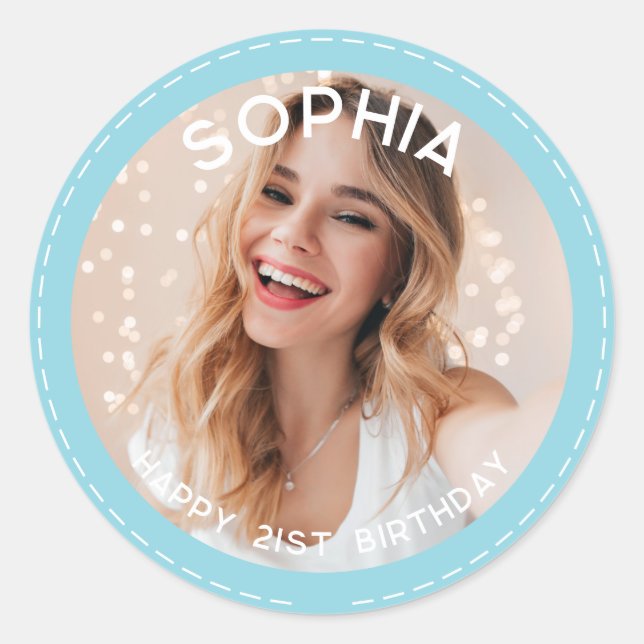 Custom pastel blue Modern 21st Birthday Photo Classic Round Sticker (Front)