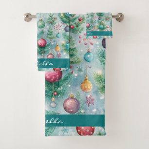 Custom Pastel Christmas Tree Ornament Holly Berry Bath Towel Set