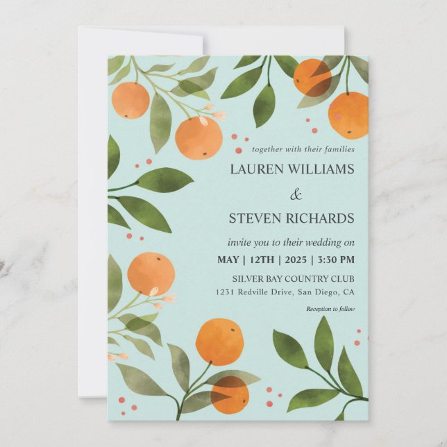Custom Pastel Green Oranges Green florals Wedding Invitation (Front)