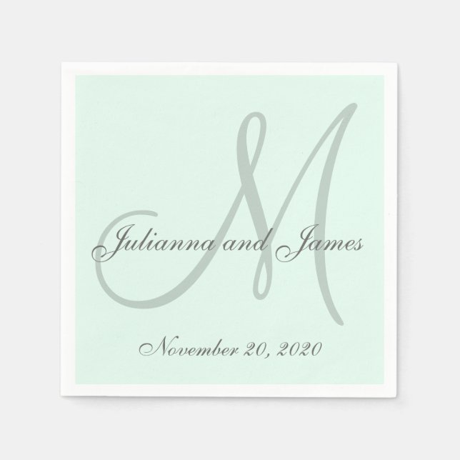 Custom Pastel Mint Coloured Monogram Paper Napkins (Front)