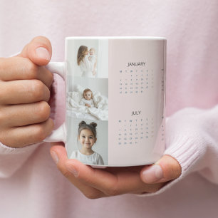 Custom Pastel Pink 2025 Calendar with Three Photos Large Coffee Mug