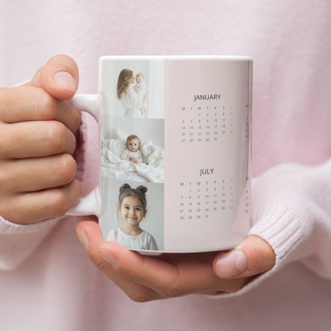 Custom Pastel Pink 2025 Calendar with Three Photos Large Coffee Mug (Creator Uploaded)