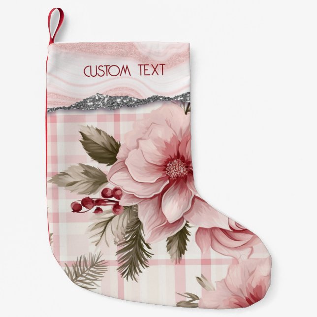 Custom Pastel Pink Christmas Floral Plaid  Small Christmas Stocking (Front)