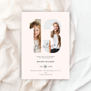 Custom Pastel Pink Photo Number 13th Birthday Invitation