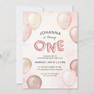 Custom Pastel Pink White Balloons Glitter Monogram Invitation