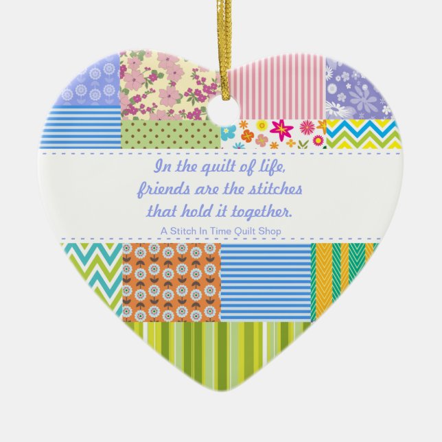 Custom Patchwork Quilt Shop Promotional Ceramic Tree Decoration (Front)