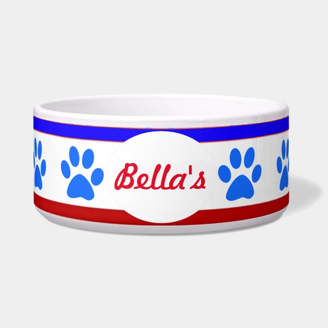 Custom Patriotic Dog Bowl with Paw Prints (Front)