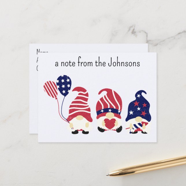 Custom Patriotic Gnomes, a Note from...  Postcard (Front/Back In Situ)