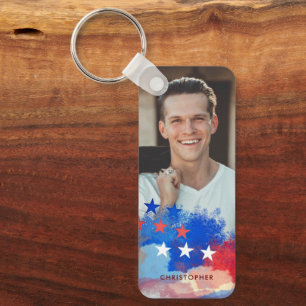 Custom Patriotic Photo and Name with American Flag Key Ring