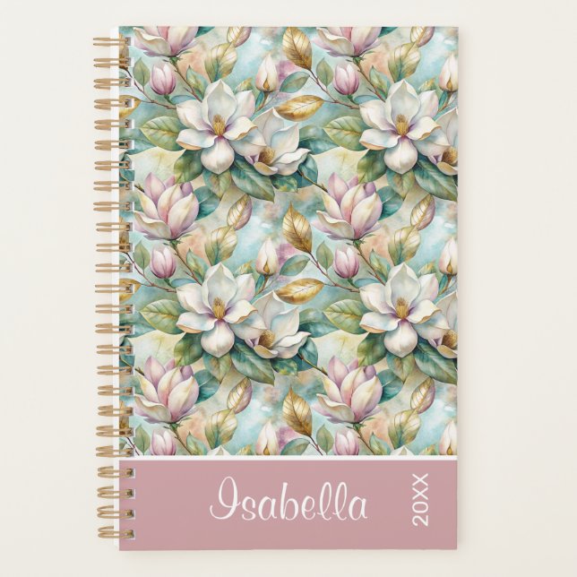 Custom Pattern Elegant Magnolia Flowers Planner (Front)