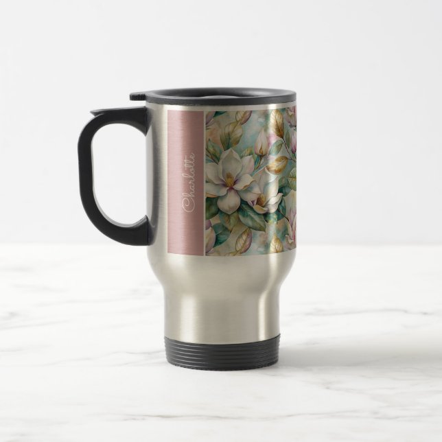 Custom Pattern Elegant Magnolia Flowers Travel Mug (Left)